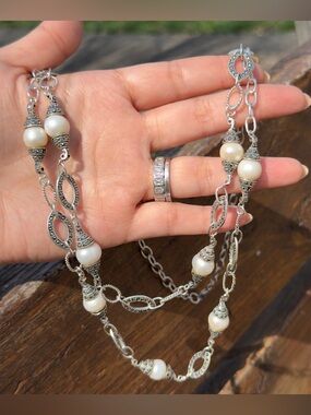 statement real sterling silver 925 real pearl and marcasite double necklace